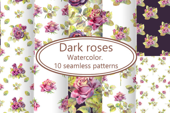 Dark Roses. Watercolor. Seamless Pattern & Illustrations