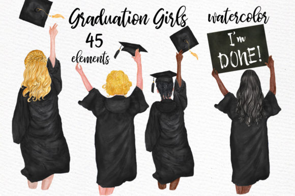 Graduation Clipart Watercolor Girls Illustrations