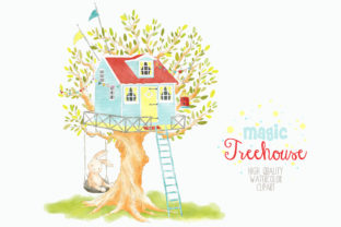 Treehouse Watercolor Clipart Graphic & Illustrations