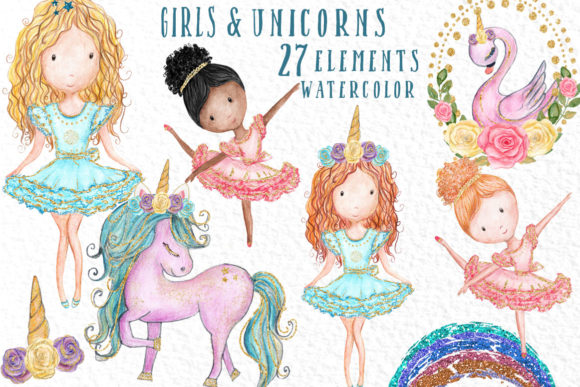 Watercolor Girls Clipart Cute Unicorns Illustrations