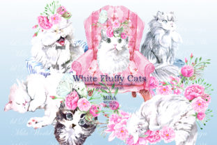 White Fluffy Cats Watercolor Clip Art & Illustrations
